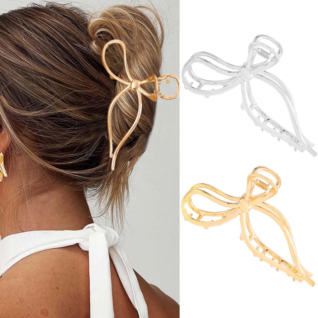 Reaky Bow Claw Clip Gold Metal Hair Clips Large Hair Claws Hair Accessories for Women, Gold,Silver, 1 count (Pack of 2)