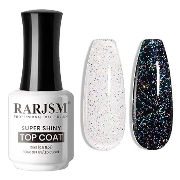 RARJSM Glitter Top Coat Gel Nail Polish Clear Iridescent Rainbow Holographic Shimmer Pigments Sparkle Colors Glossy No Wipe Mirror Shine Gel Polish Soak Off LED UV Curing Requires for Home Salon 15ml