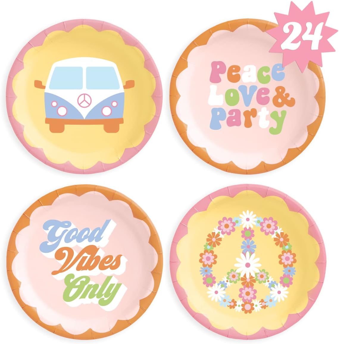 xo, FettiGroovy Paper Plates - 24 pk, 9" | Happy Pastel Birthday Party Decorations, 70s Baby Shower, Cool Peace Cake Plates