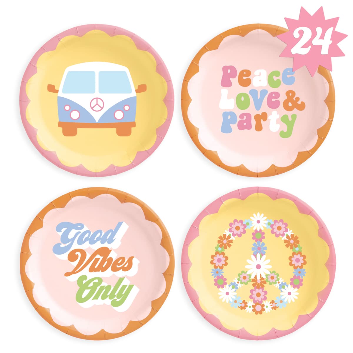 xo, FettiGroovy Paper Plates - 24 pk, 9" | Happy Pastel Birthday Party Decorations, 70s Baby Shower, Cool Peace Cake Plates