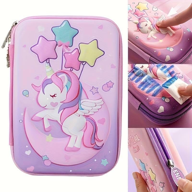 Image of Unicorn Pencil Case, Pink Purple Hard Shell Pencil Box with Compartments, Donut Design School Supplies Organizer