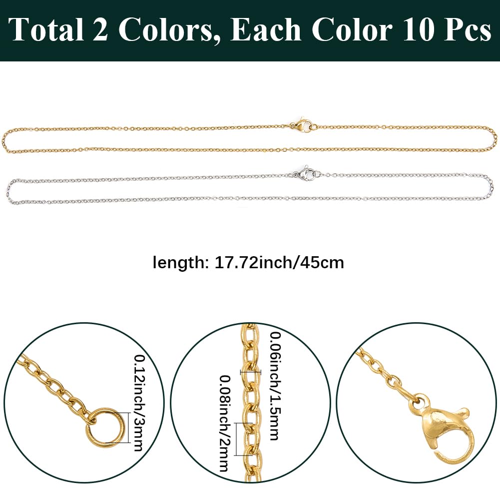 SUNNYCLUE 1 Box 20Pcs 17.7 Inch/45CM Blank Necklace Chains Stainless Steel Cable Chain Gold Silver Metal Necklaces Linking with Lobster Claw Clasps for Jewellery Making DIY Crafting Women Accessories - Image 2