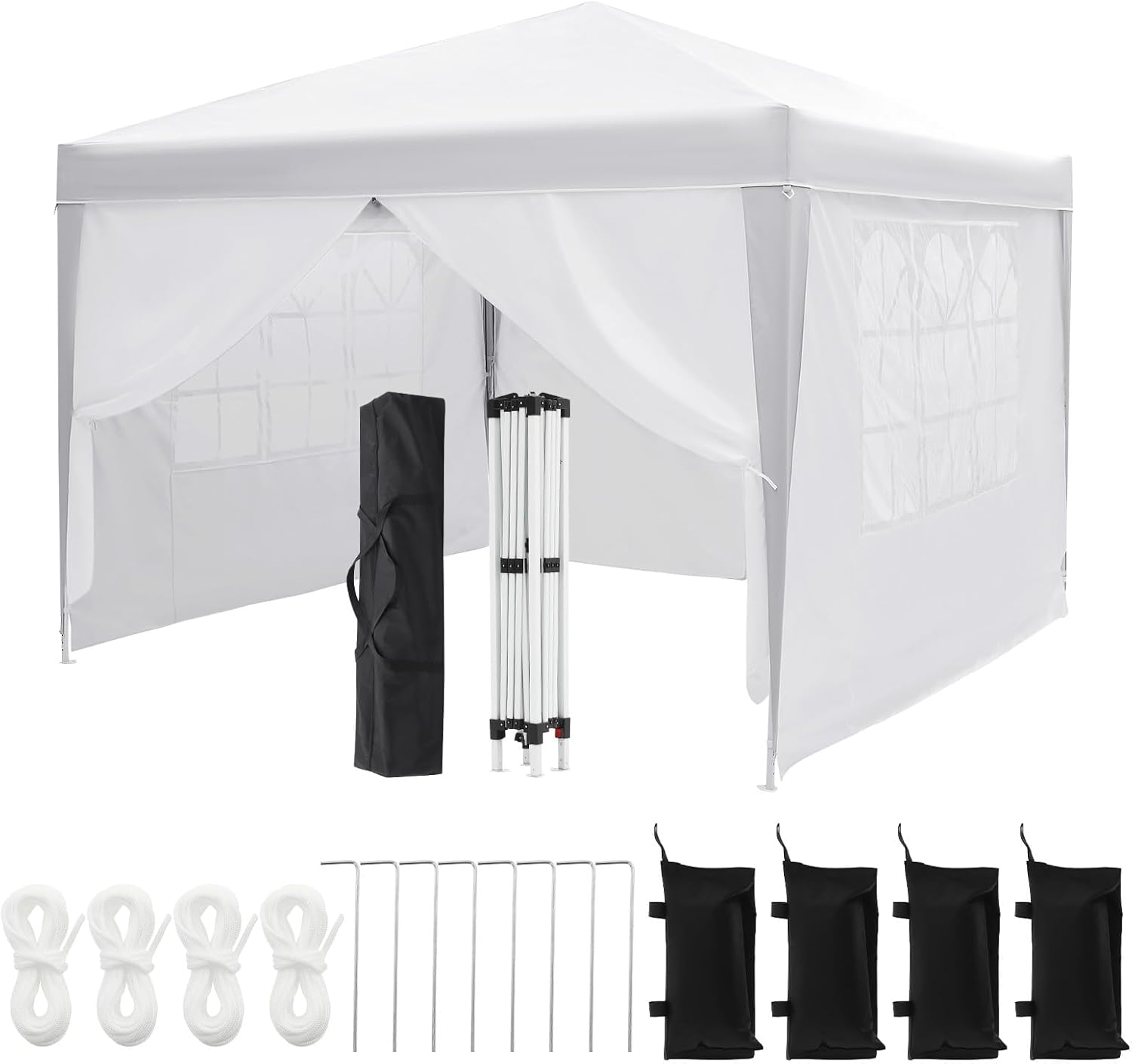 10x10 Pop Up Canopy Tent with 4 Sidewalls – Instant Portable Outdoor Gazebo, Waterproof Folding Shade Shelter with Carry Bag for Camping, Beach, Backyard, Parties – White