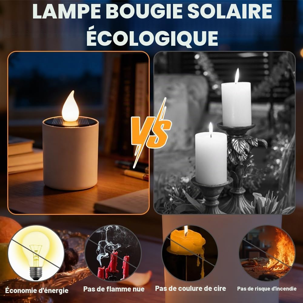 NAVESO 6 Pièces Bougies Solaires Exterieures Jardin, Bougies à LED Solaire, LED Bougies Chauffe-Plats pour Jardin, Terrasse, Balcon, Patio Décoration, Sans Flamme Étanches