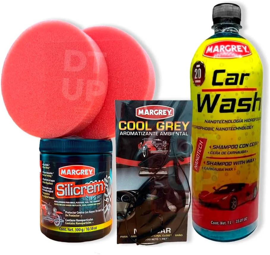 Margrey Premium Automotive Cleaning Kit, Includes Silicrem 300g, Car Wash with 1L Wax, Cool Grey Freshener and 2 Applicator Sponges, Protection and Shine for Car