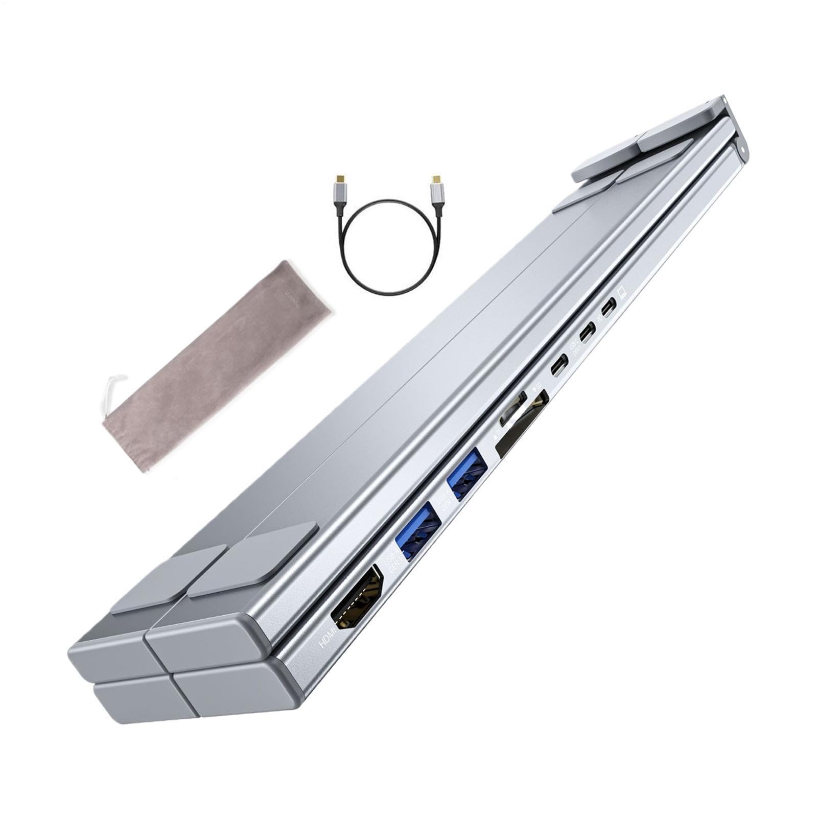 Supporto Portatile per Notebook con Docking Station Hub 8-in-1 e Rialzo per | Trasferimento Dati a 5 Gbps, Supporto Pieghevole per Computer Portatile con Porte USB per Scrivania, Casa, La