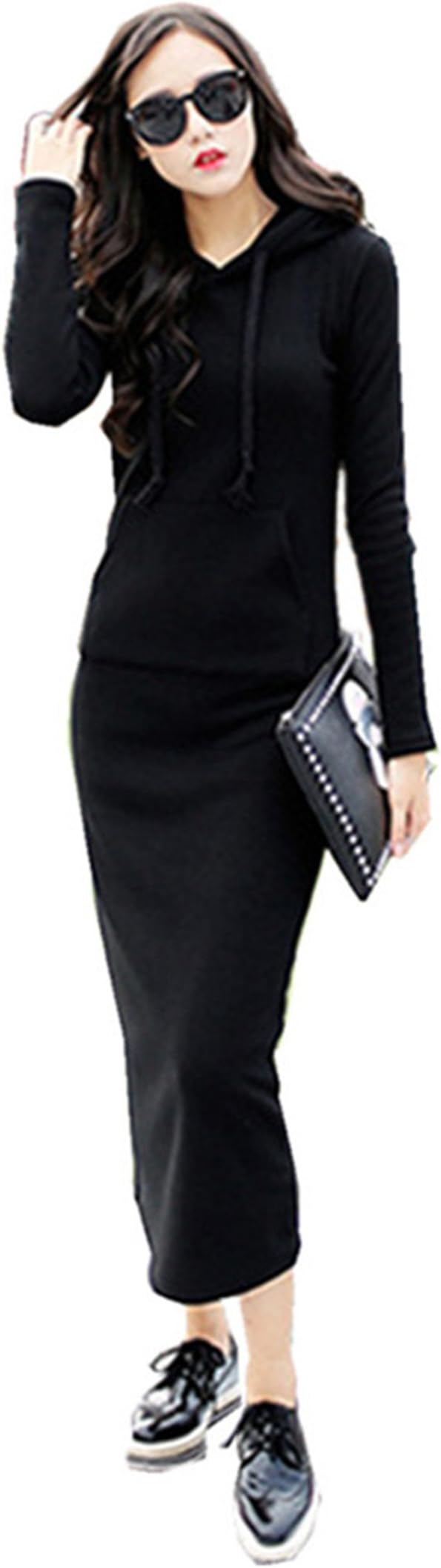 Globalsellinc Women's Long Sleeve Crewneck Tunic Sweatshirt Pullover Long Hoodie Dress (Medium, Black)