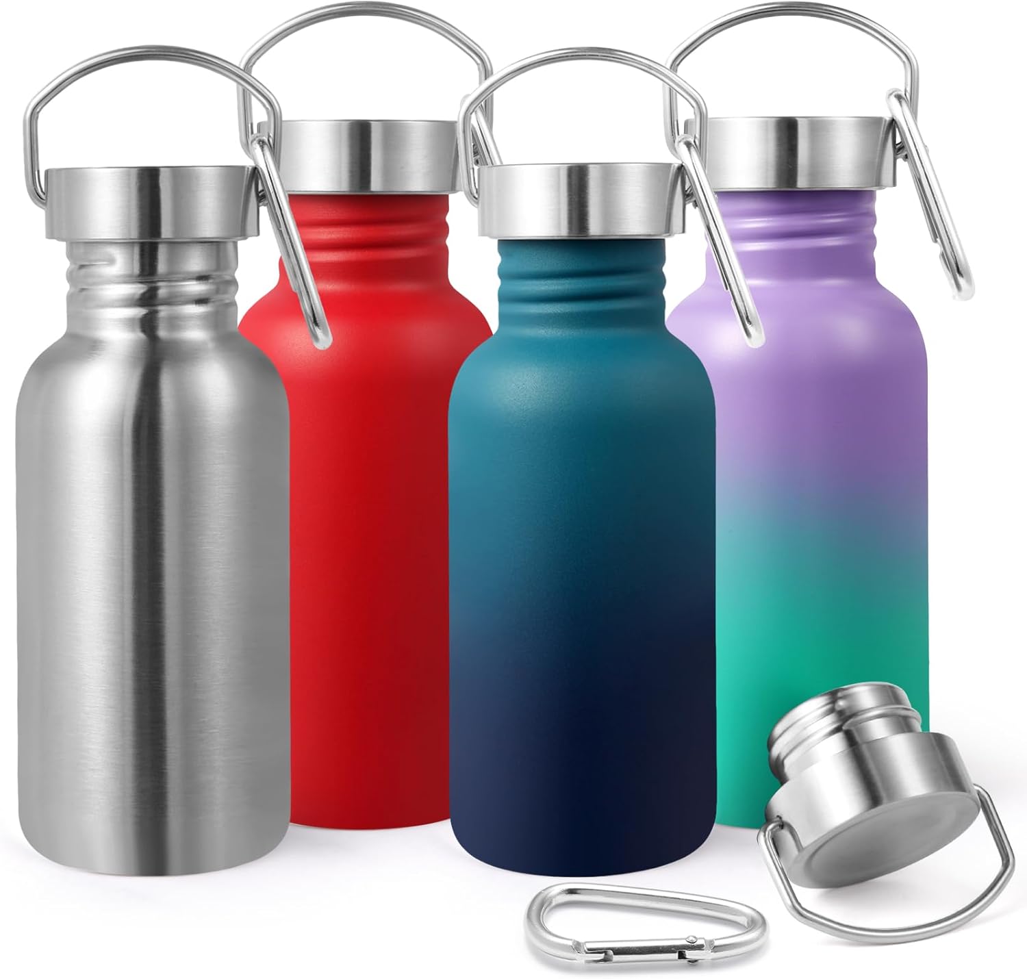 Volhoply 16oz Uninsulated Single Walled Water Bottles 4 Pack, Stainless Steel Kids Water Bottle with Handle & Carabiner, BPA Free 304 Reusable Water Flask for Camping Hiking Biking (Mix Color,4)