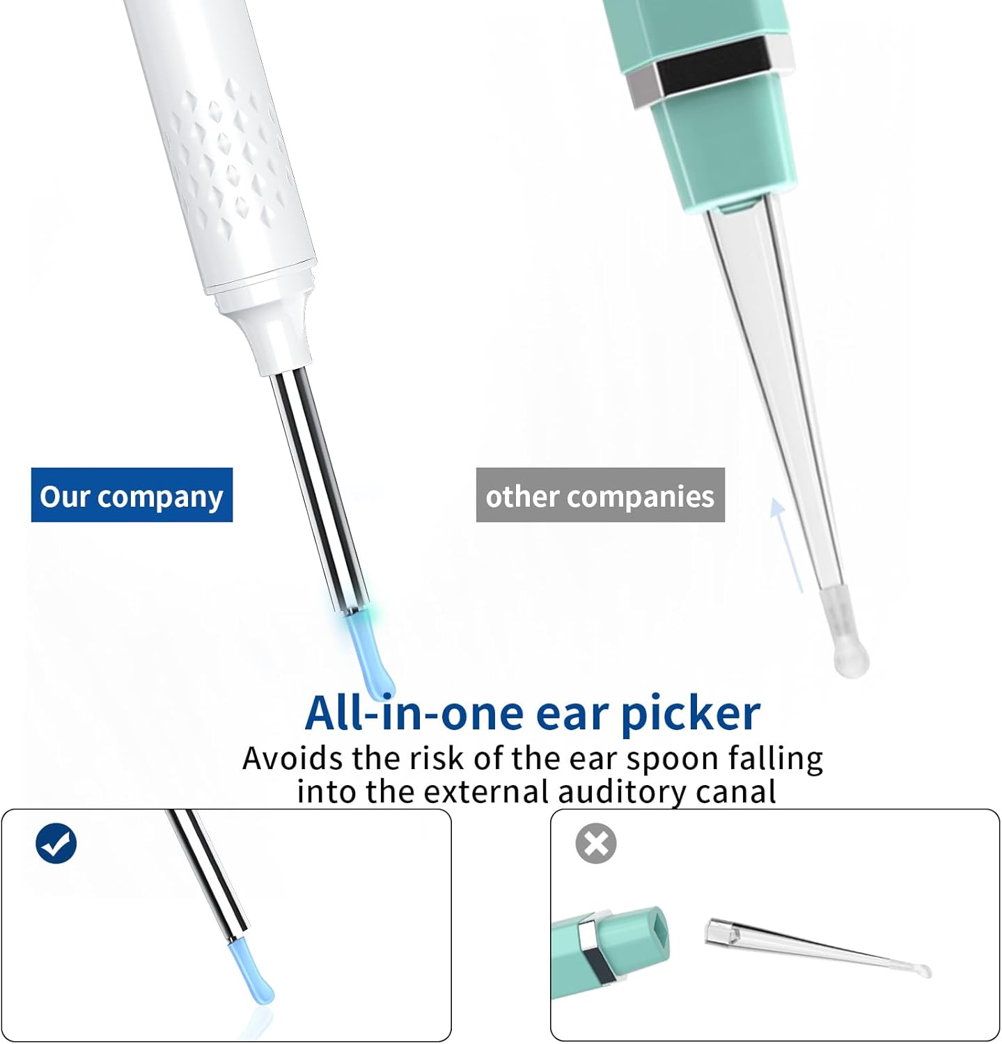 Comparison showing the all-in-one ear picker design of the VITCOCO otoscope versus other designs.