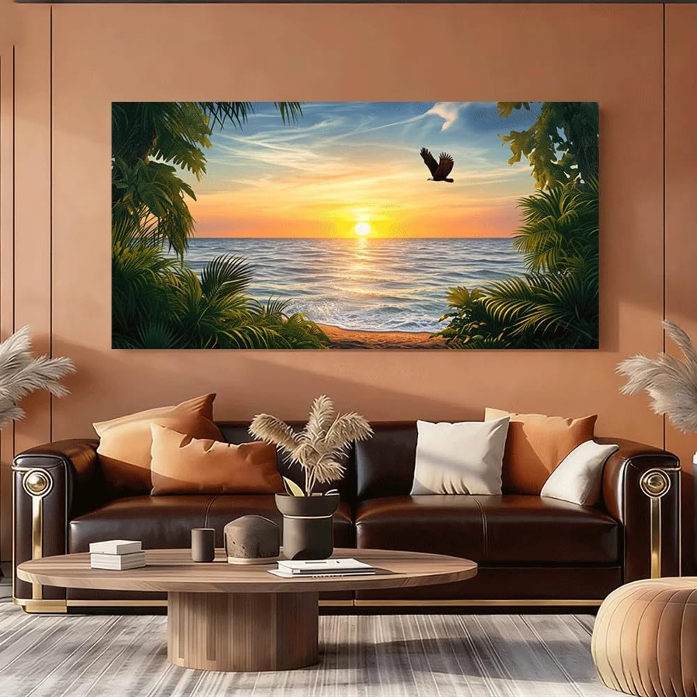 LTjiajuypd Canvas Poster Tropical Sunset Beach Ocean View Palm Trees Eagle Flying Sky Art Print(50X100cm)