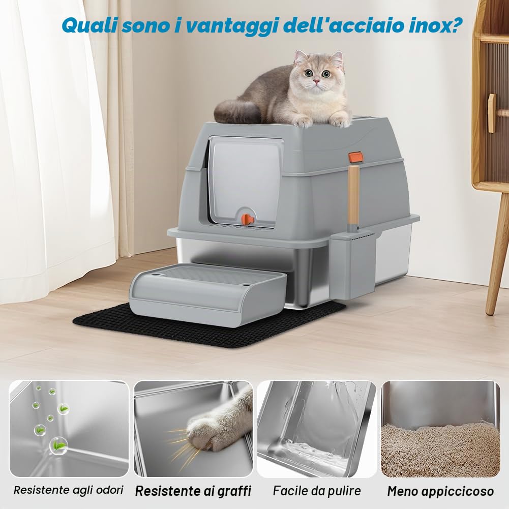 Lettiera per gatti grande XL, in acciaio inox con coperchio, in acciaio inox con coperchio, scatola per gatti chiusi, bordo alto, due ingressi, pala + tappetino + passo pedale, 60 x 40 x 39,5