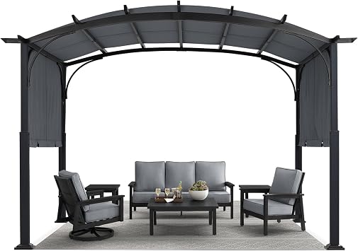 MASTERCANOPY 10x12ft Outdoor Retractable Pergola with Sun Shade Canopy Patio Metal Garden Pergola,Dark Grey