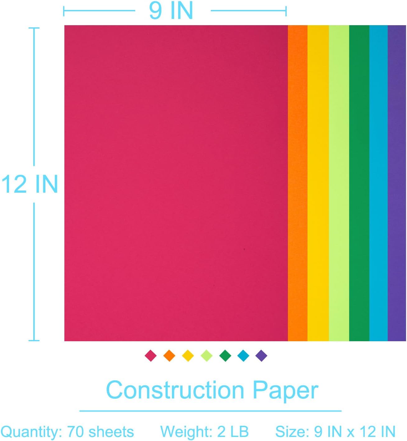 Construction Paper 9x12 in,70 Sheets,Set of 7 Colors Classic Rainbow 178GSM/65LB Heavyweight Construction Paper,Crafts,Arts,School Classroom Art Supplies Assorted Colors Bulk Paper
