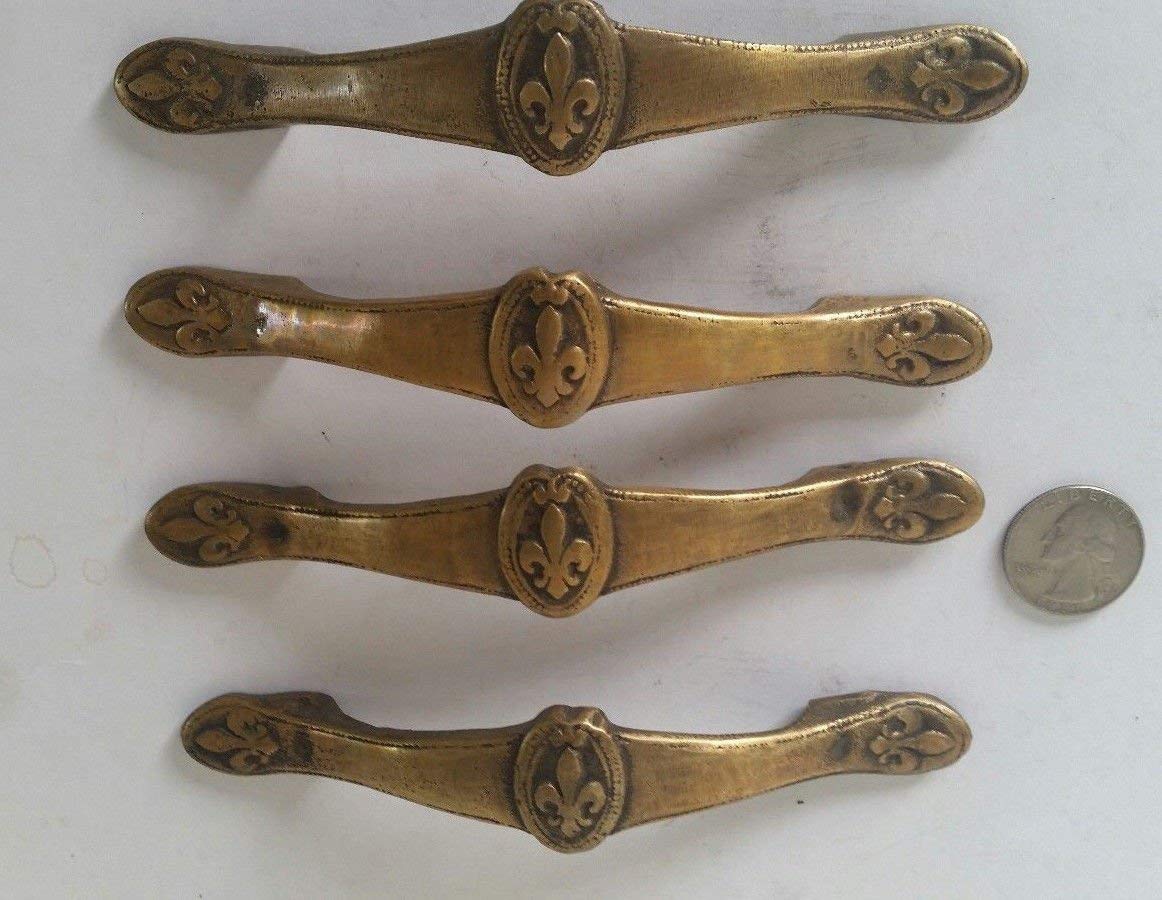 Set Of 4 Antique Style French Fleur De Lis Brass Drawer Pulls - 5 5/8 Inch Width, Handmade