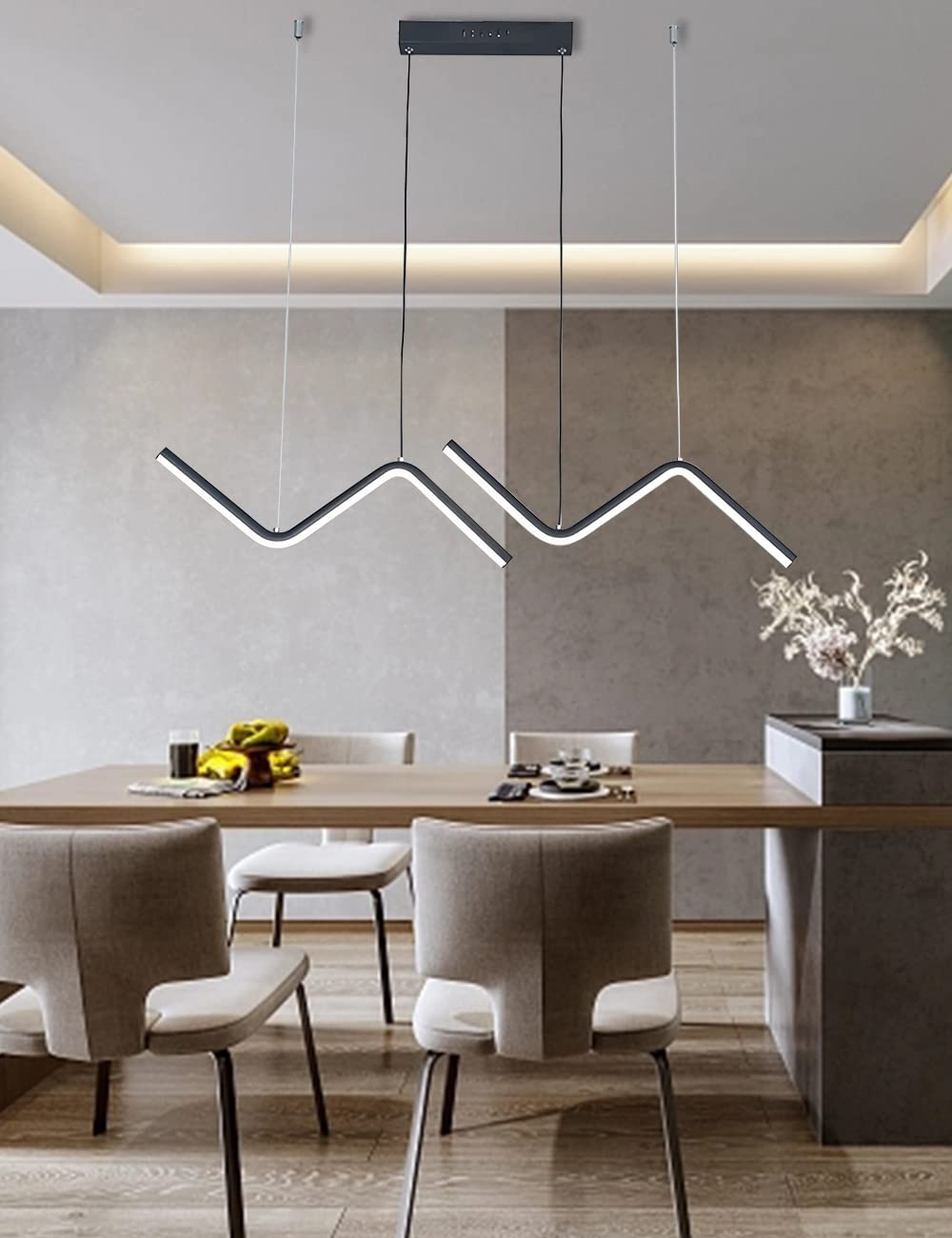 Modern LED Pendant Lamp Dining Room Dimmable With Remote Control Z-Shaped Waves Kitchen Island Lights Dining Table Height Adjustable Pendant Metal Ceiling Hanging Lamp Chandelier (Black, L90cm)