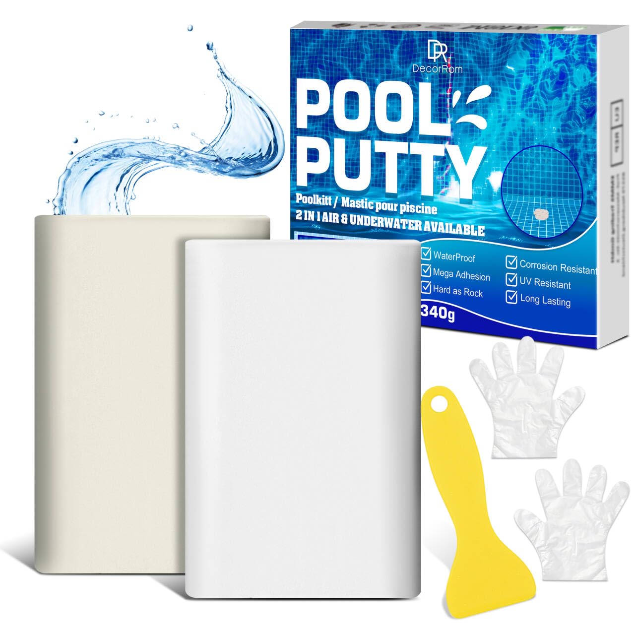 Mastic époxy 340g réparation rapide piscine sous l'eau sur l'eau 2 parties argile gravée métal carreaux plastique