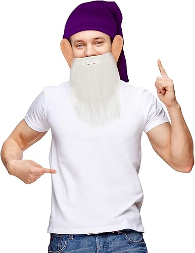 Miniatura 4 de Geyoga Juego de disfraz de enano de Halloween de 6 piezas, disfraces de gnomo con sombreros enanos, barba falsa, orejas gigantes para fiestas de