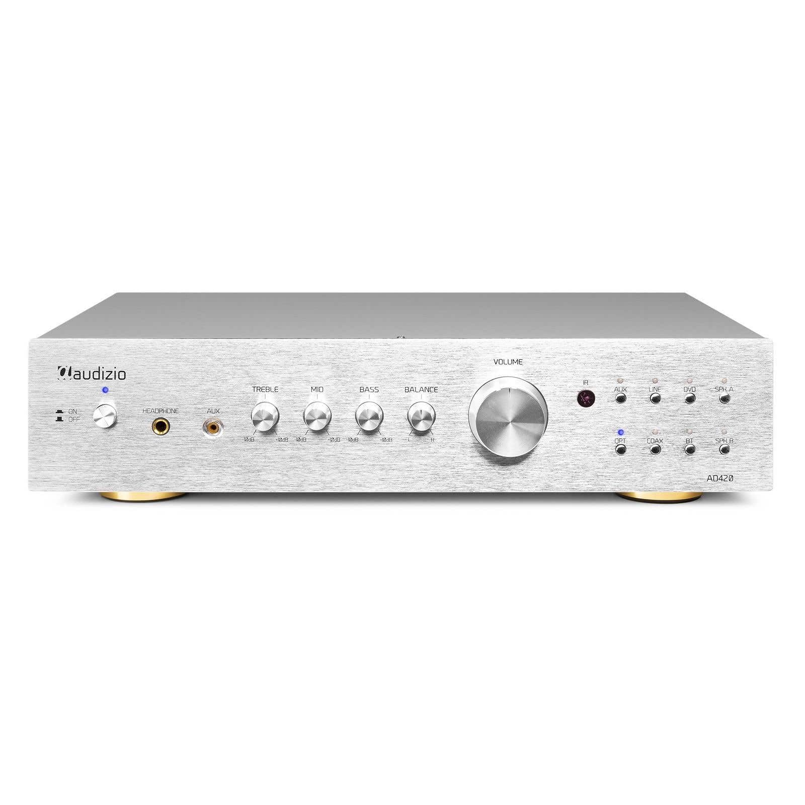 Audizio AD420A Amplificador Hi-FI de 400w (4 Canales x 100w) y Bluetooth, 1 Salida subwoofer, Salida óptica y coaxial, 2 Salidas de Altavoz, MP3, EQ, Ideal para Escuchar tu música, Color Aluminio