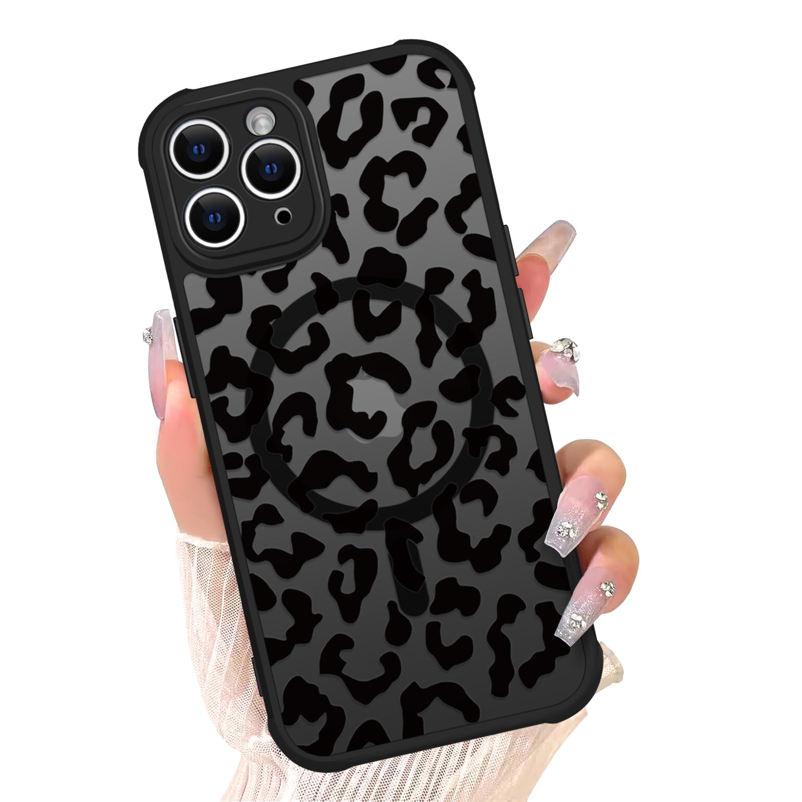 Magnetic Case for iPhone 11 Pro Max [Compatible with MagSafe] Cute Black Leopard Pattern Case for Women Girls Soft TPU Bumper Hard PC Anti-Fall Shockproof Protective Slim Cover A4
