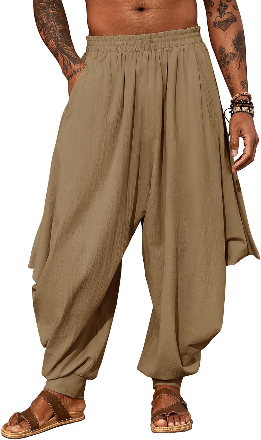 PASLTER Mens Harem Pants Linen Yoga Beach Baggy Summer Boho Aladdin Genie Pants