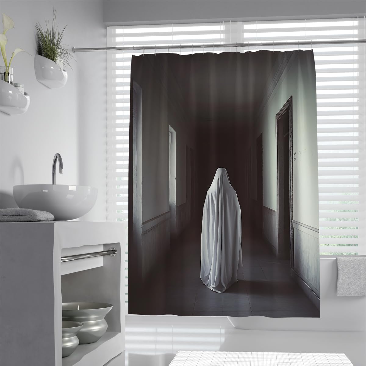 UIRINGART Halloween Phantom Shower Curtain W100xL200cm Spooky White Sheet Ghost Anti Mould Mildew Resistant Waterproof Fabric Bathroom Curtain with Hooks
