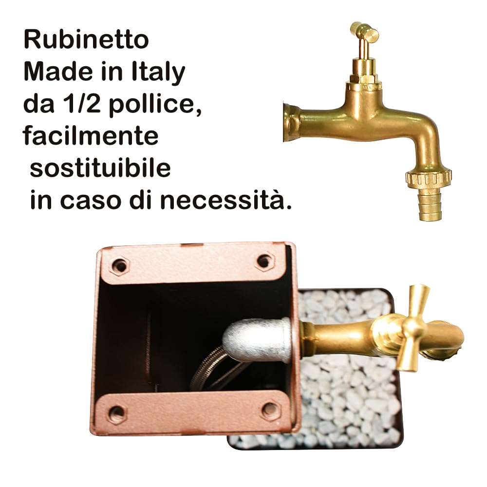 Fontana da Giardino Antracite con Base in Cemento, Fontana da Esterno in Acciaio Verniciato, Rubinetto in Ottone con Tubo Flessibile e Raccordo e portatubo, Fontanella per Esterni Made in Italy
