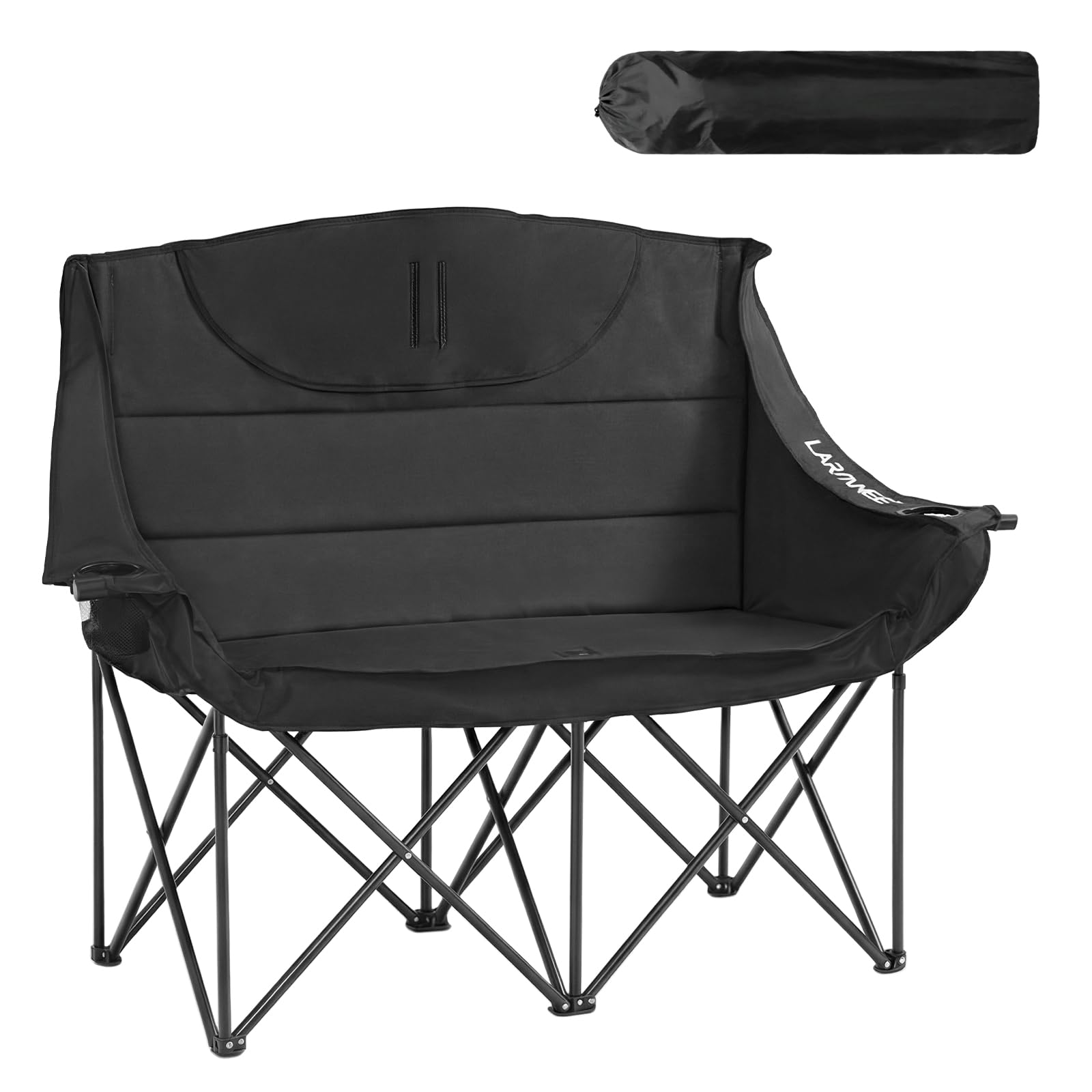 LARMNEE Campingstuhl Faltbar für 2 Personen, Campingsofa, 2 Getränkehalter, 200 KG Belastbar, Campingcouch Dick Gepolstert Klappstuhl, inklusive Tragetasche, Schwarz EBK03LC02