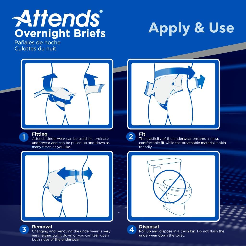 Attends Overnight Disposable Briefs, Large, 44"-58" Waist with Tab Closure, Heavy Absorbency and Dry-Lock Containment Core, 56ct Case