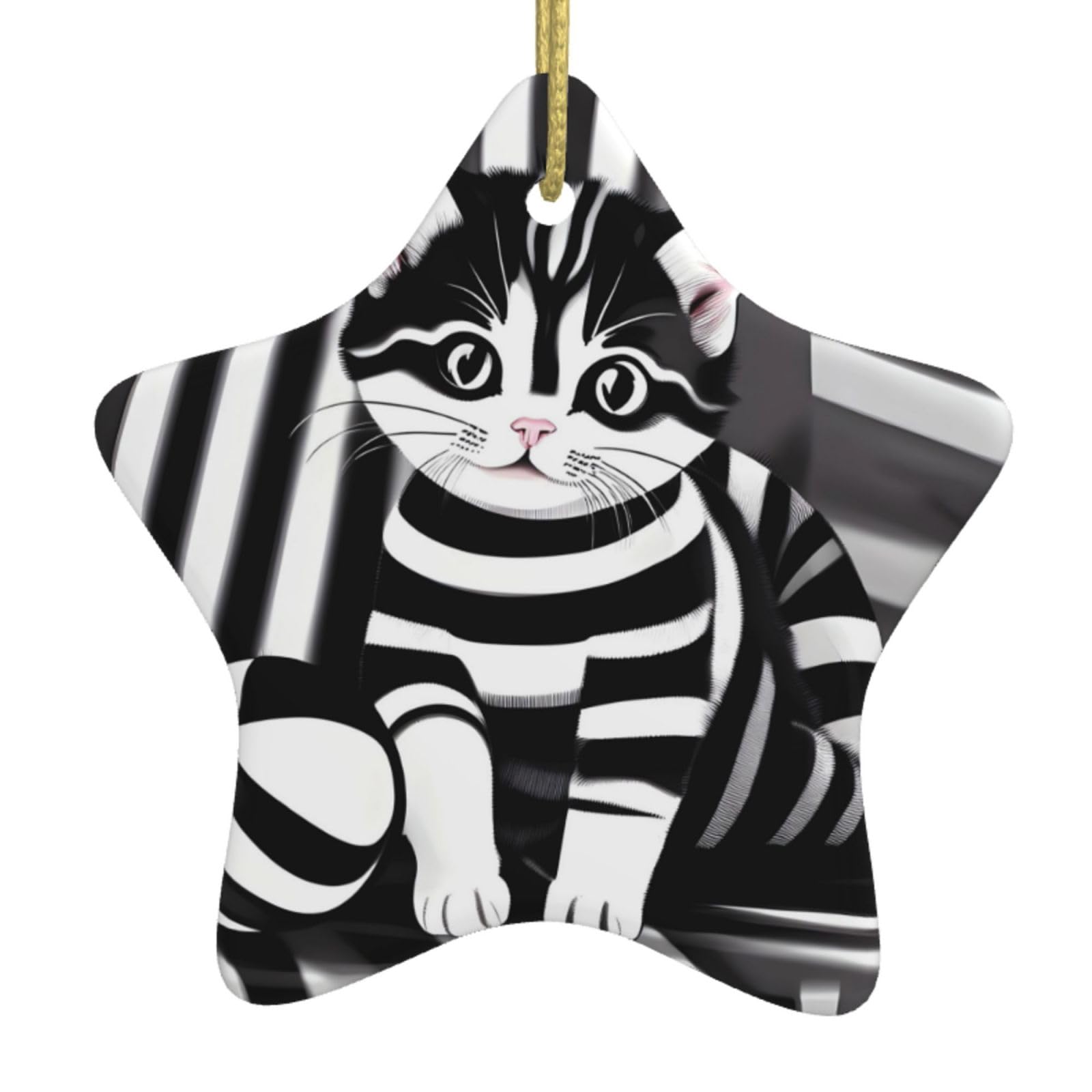 Black and White Striped Kitten Christmas Ceramic Star Pendant with Punched Holes and Gold Wire Rope, Christmas Tree Home Decoration