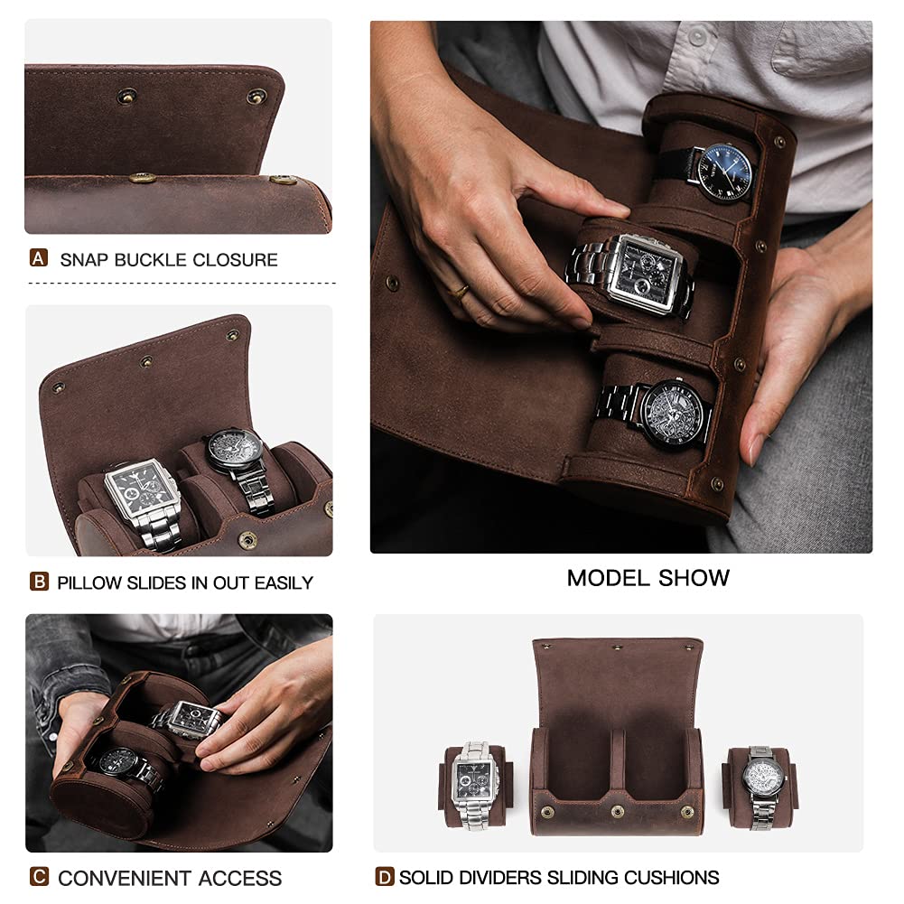 Contacts Contact's Uhrenbox aus Echtem Leder für Zylindrische Uhren, Coffee 2 für 2 Uhren, Braun Kaffee