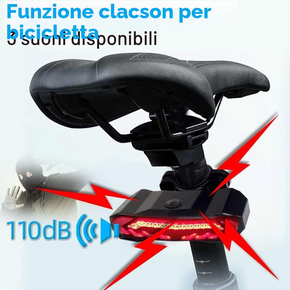 Fanale posteriore per bici con luci di direzione, luce freno, USB, telecomando ricaricabile, antifurto, clacson, accensione/spegnimento automatico, impermeabile, per la sicurezza notturna