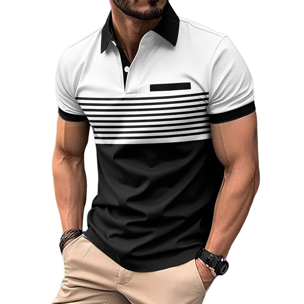 CLOAKA Poloshirt Herren Kurzarm Baumwolle Atmungsaktives Golf Sport Polo Shirt Oversized Sommer Klassisch Gestreift Casual Polohemd mit Brusttasche