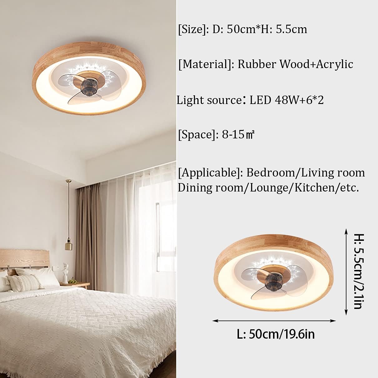 YUEGOO Bedroom Ceiling Fan with Light and Remote Control Silent 3 Speeds Dimmable Led Fan Ceiling Light with Timer 50Cm Modern Living Room Quiet Ceiling Fan Light