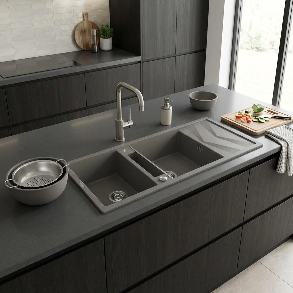 Évier de cuisine en granit avec 2 baignoires et égouttoir 116 x 50 cm anthracite - Vora