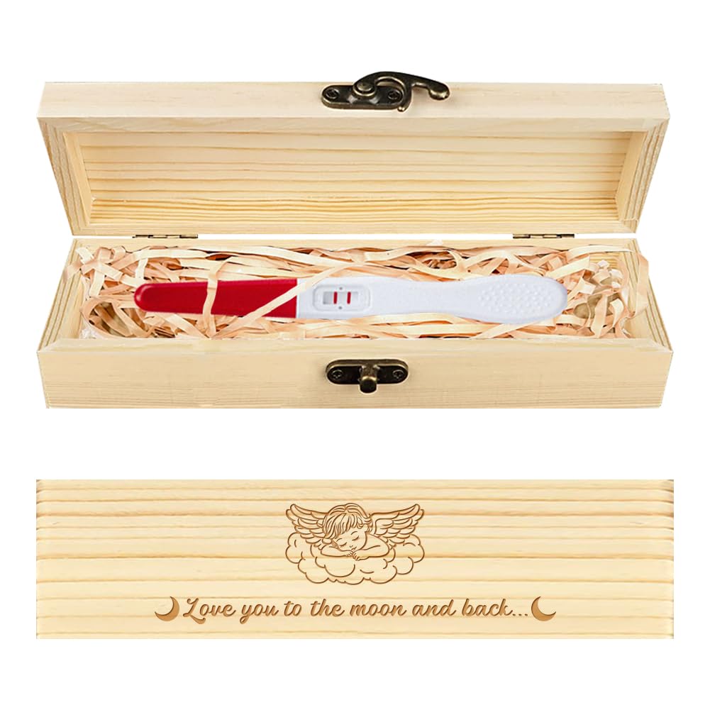 CHGCRAFT Pregnancy Test Keepsake Box Angel Surprise Wooden Pregnancy Announcement with Raffia Ribbon and Lock
