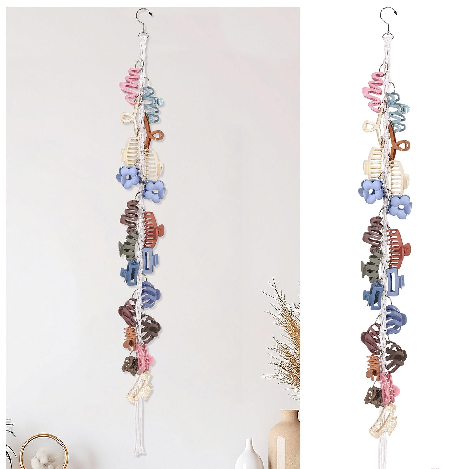 Photo 1 of SNOWSTAR Macrame Hair Claw Clip Organizer with Rotating Hook and 20 Metal Rings,Hanging Hair Clip Holder and Storage for Women Girls,Claw Clips Hanger Home Decor for Wall,Door,Closet