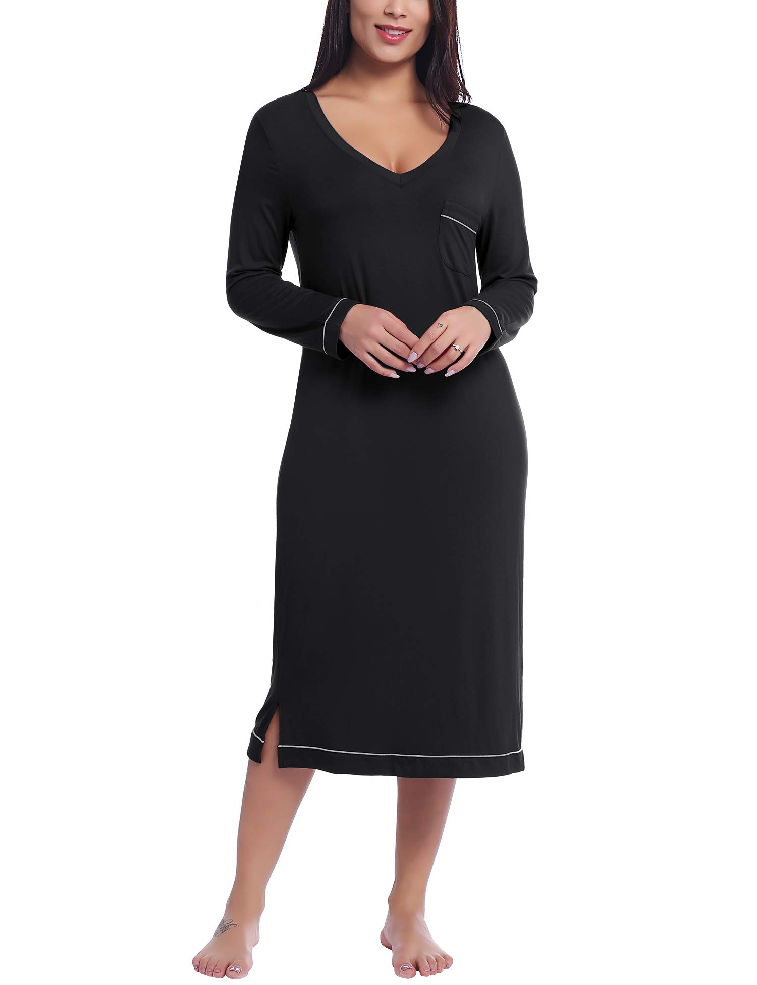 Amorbella Women's Black Ultra Soft Bamboo Nightgown Long Sleeve V-Neck Jersey Knit Breathable Long Sleep Dress/Shirt For (, Medium)