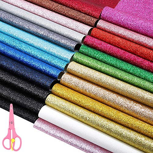 Caydo 24 Colors Shiny Superfine Glitter Fabric, PU Leather Fabric Sheet Canvas Back for Craft DIY, Hair Crafts Making, Leather Earings Making and Christmas Decoration 12.6 x 8.6 Inch (32 x 22 cm)