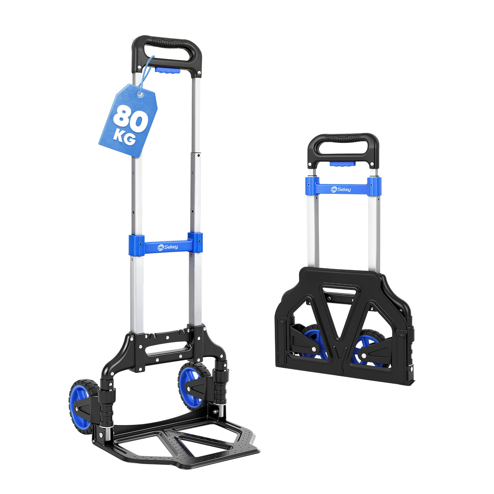 Sekey Carretilla plegable y ligera de transporte, solo 3,5 kg de peso tara, 80 kg de capacidad de carga, 3 niveles de altura ajustable y plegable en segundos, carro plegable de aluminio con ruedas TPR