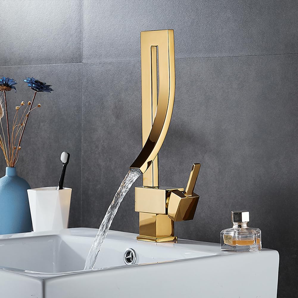 Rubinetto Lavabo Rubinetto Bagno Alto, Stile Moderno Ottone Monocomando Miscelatore Bagno Girevole A 360°, Miscelatore Lavabo, Oro
