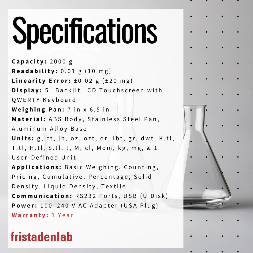 Fristaden Lab Touch Screen Balance (New Model Launch) | 2000 g x 0.01 g | USA Company | Professional Lab Scale with Tons of Features