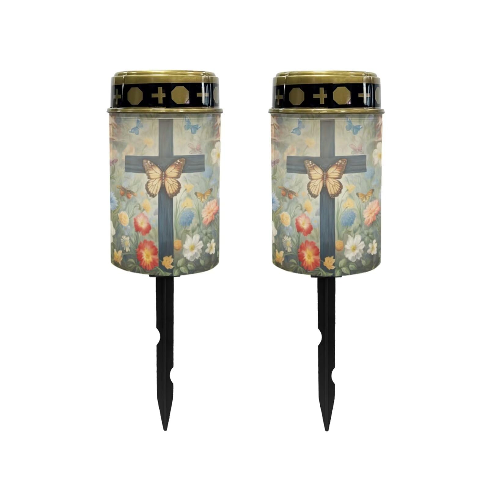 Poceacles Cross Solar Lights Outdoor for Cemetery Grave Solar Lights Outdoor Waterproof Decorative Flameless Candle for Cemetery Garden Backyard Outdoor Decor, Butterfly Cross Floral Green, Pack of 2