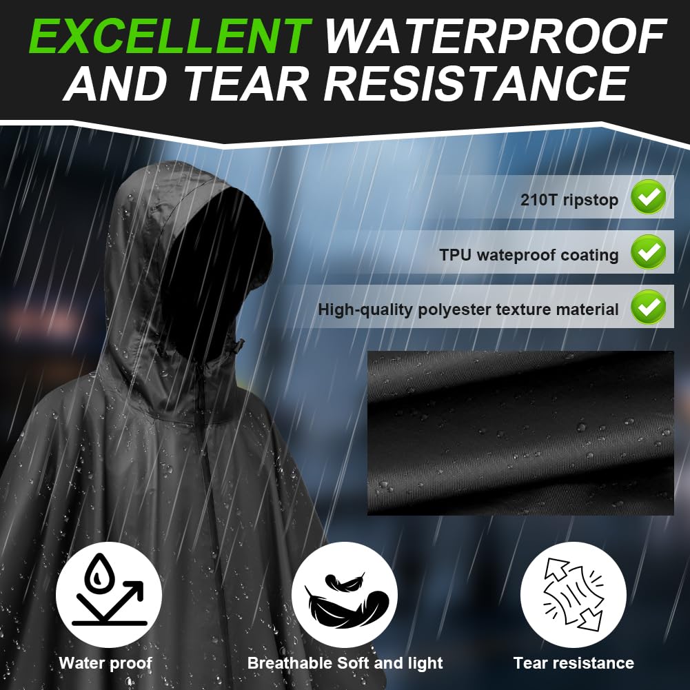 Vicloon Poncho de Lluvia Impermeable, 210T Chubasquero con Capucha para Mujer Hombres, 3 en 1 Multifuncional Chubasquero Transpirable Ultrafino, Toldo Manta, Estera de Camping, Talla grande con Bolsa