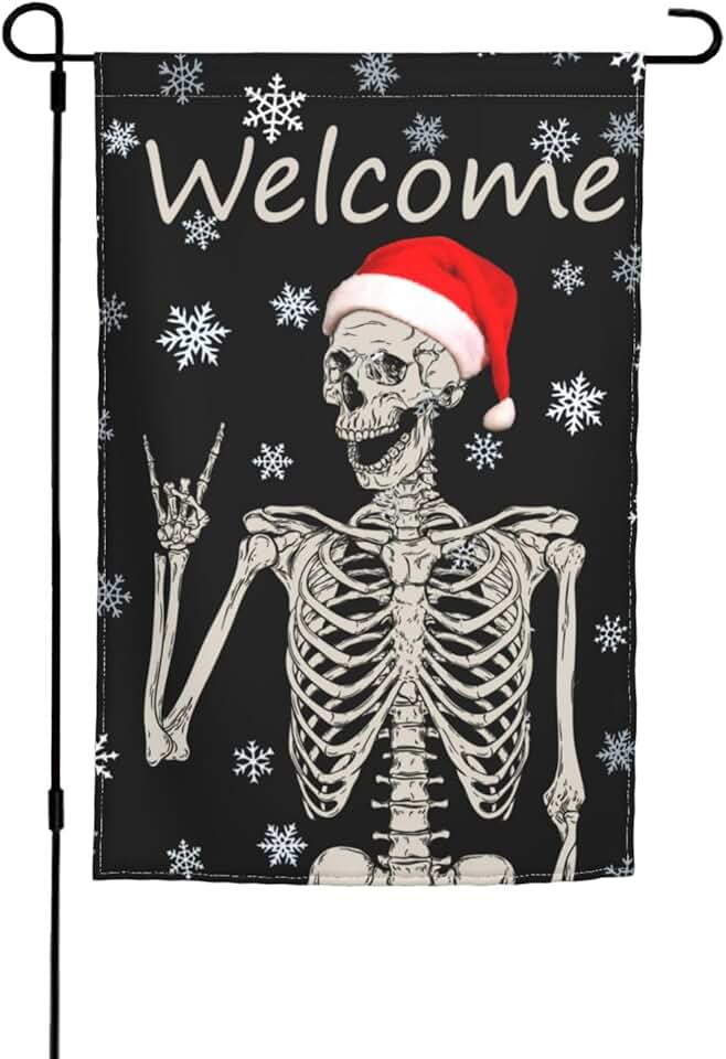 Caveira Esqueleto Engraçado Gótico Hippie Natal Boêmio Terror Rock Roll Bandeira de Jardim 30,5 x 45,7 cm Dupla Face Decoração Vertical Quintal Bandeira Pequena para Férias Externas Sazonal Exterior