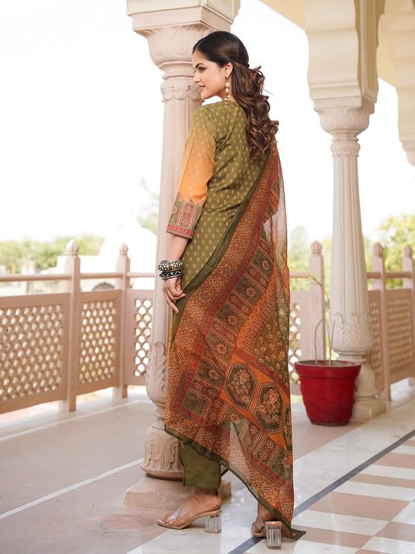 Image of Vaamsi Women's Olive Rayon Printed Straight Kurta Pants With Dupatta Set | Festive Straight Kurta Set For Women | Printed Salwar Suit For Women