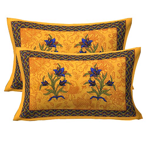 Image of RajasthaniKart Pure 100% Cotton Double Bed Sheet with 2 Pillow Covers (Bedsheet for Double Bed Cotton, Yellow Kashmirkalli Jaipuri, King Size,5167)