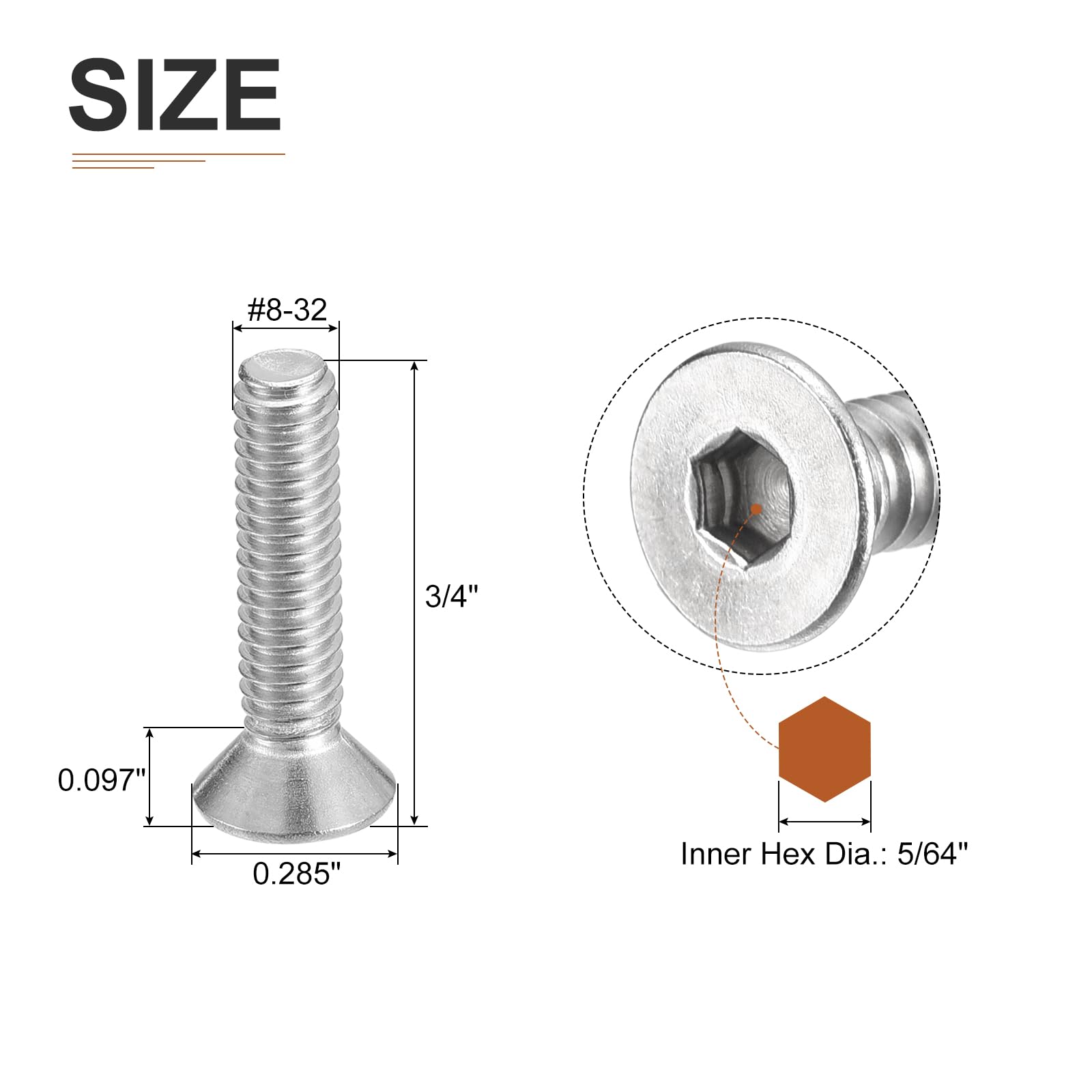DTGN #8-32 x 3/4" Flat Head Socket Cap Screws, 50 Pack 304 Stainless Steel Hex Socket Flat Head Screws, Full Thread, Countersunk Bolts - Image 2