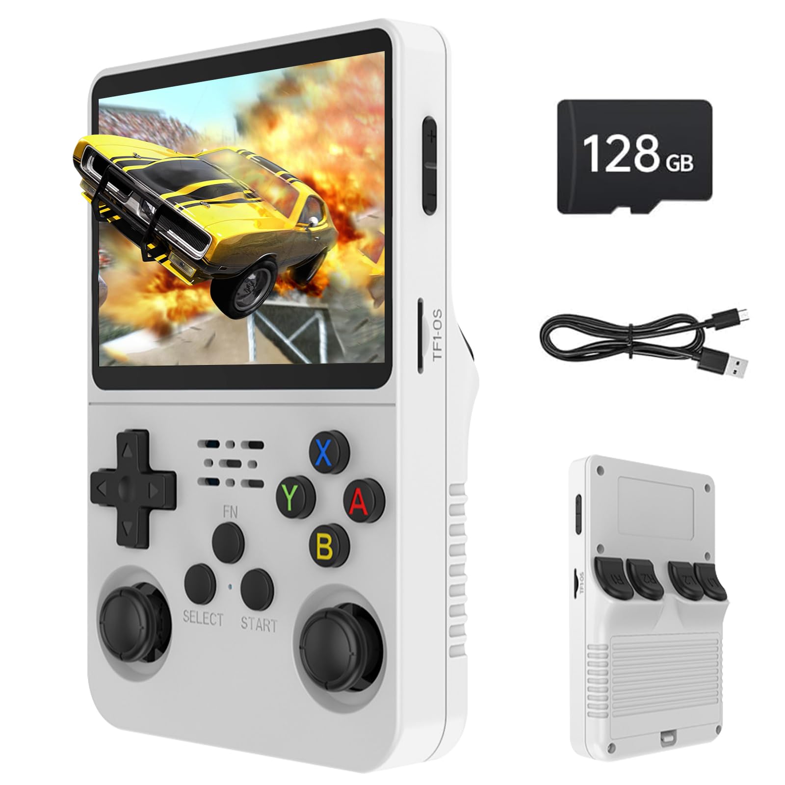 Febotak R36S - Console da gioco retrò portatile con schermo IPS da 3,5", 128 GB di memoria, oltre 40.000 giochi, basato su LINXU Open Source ARKOS, batteria da 3500 mAh (Bianco)