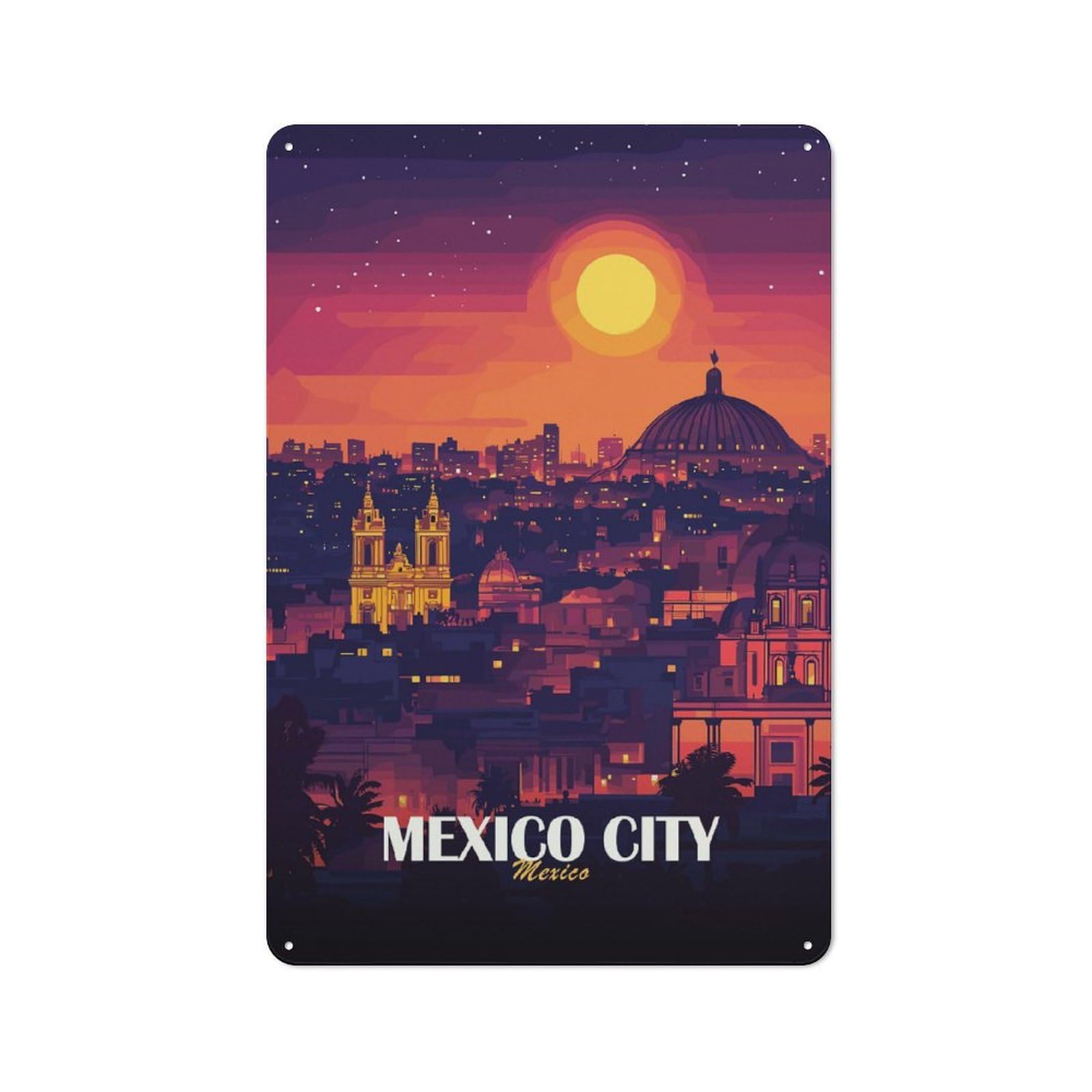 Mexico City Skyline at Sunset Vintage Tin Sign 30x20cm, Country Style Bistro Wall Plaque for Bakery, Diner, Cafe Or Family Room