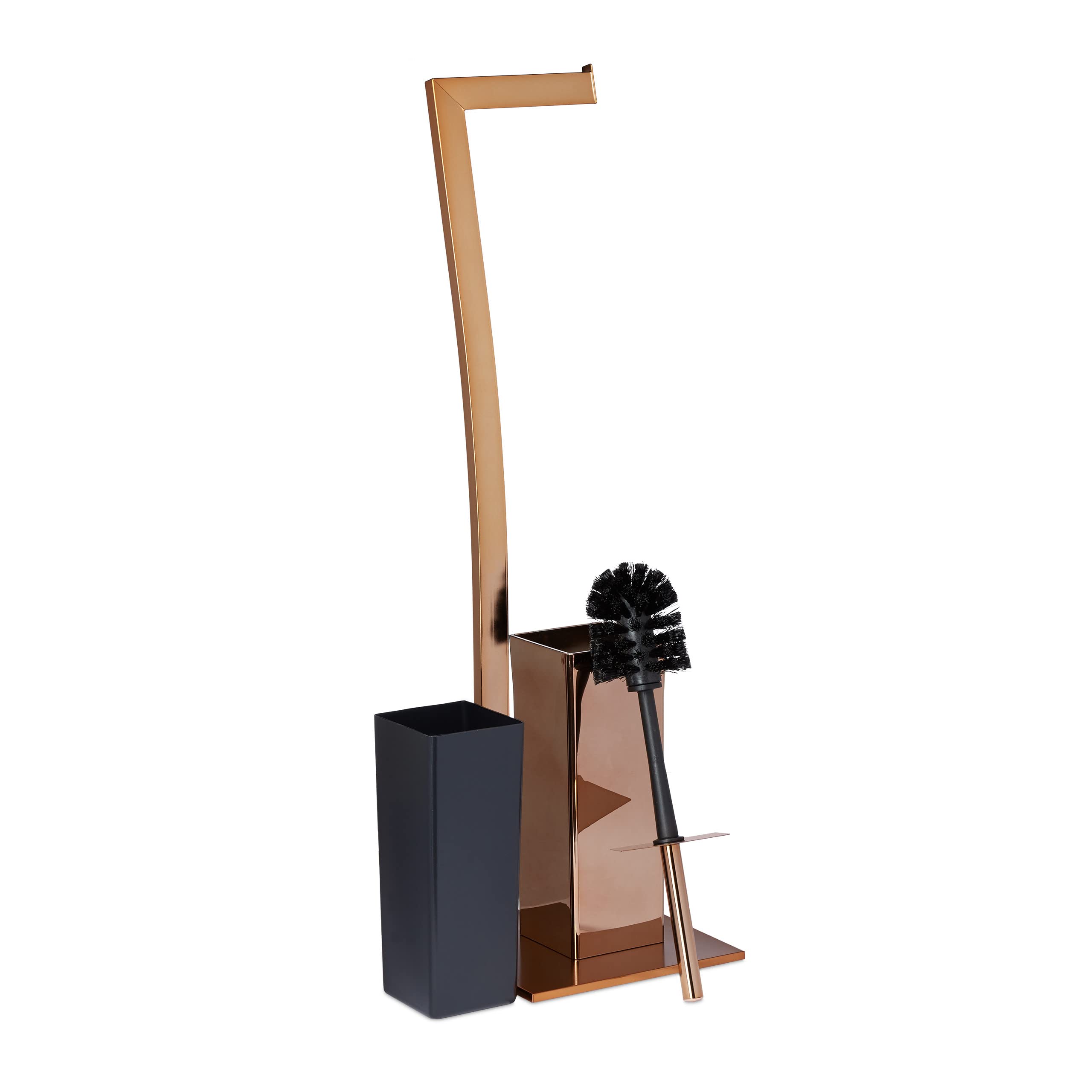 Relaxdays Escobillero Portarrollos de Pie Cuadrado WIMEDO, Acero Inoxidable, Cobre, 71 x 20 x 20 cm